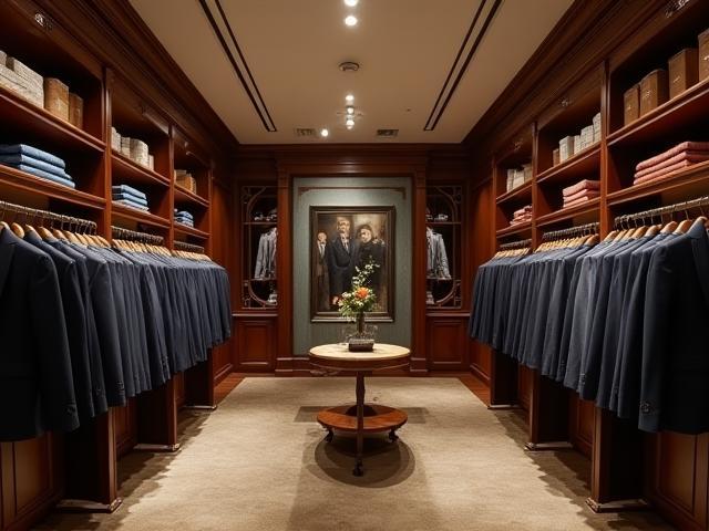 Interior of Archer & Co. Formalwear store, showing suits and classic decor