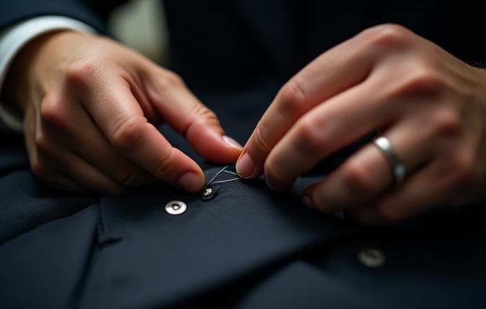 Tailor's hands working on a suit lapel